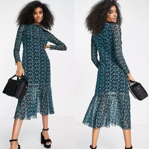 & Other Stories polyester sheer mesh midi dress long sleeve blue print